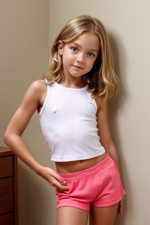 Shot in a bedroom . Softbox lighting creates a warm glow on the subject's face, highlighting her innocent features. The petite blonde tween girl, dressed in a trendy childish style outfit featuring low-waisted short micro-hotpants and a cropped-skin-tight-t-shirt, strikes a playful pose with one hand resting on her hip. Her seriuos,nervous and tense expression radiate concern as she poses her youthful naughty david-hammilton style.