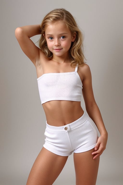 Shot in a bedroom . Softbox lighting creates a warm glow on the subject's face, highlighting her innocent features. The petite blonde tween girl, dressed in  white-low-waisted-high-thigh-micro-hotpants and a cropped-skin-tight-t-shirt, strikes a playful pose with one hand resting on her hip. Her seriuos,nervous and tense expression radiate concern as she poses her youthful naughty david-hammilton style.(bare:shoulders,midriff,legs,arms)