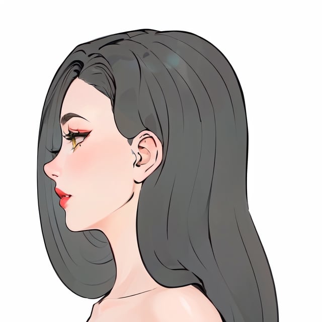 ((anime_milf)). (white_skin:1.2), long_hair, (black_hair:1.2), big_eyes, yellow_eyes, thick-eyelases, long_eyelashes, closed_mouth, (red lips, red lipstick:1.2), (glossy lips:1.6), bare neck, naked neck, no_clothes, naked, nudity, sfw_nudity, unclothed, (white_background, simple_background:1.7)