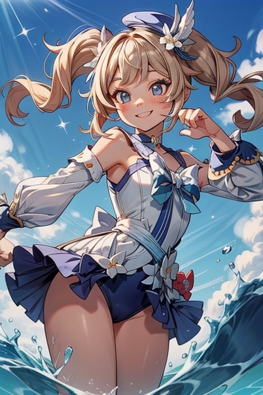 Barbara of Genshin impact dance pose cute face, cute arm pose, beautiful beach, smile face, romance_mood, barbarasum, water splash floating, sparkles, blue musical_notes floating