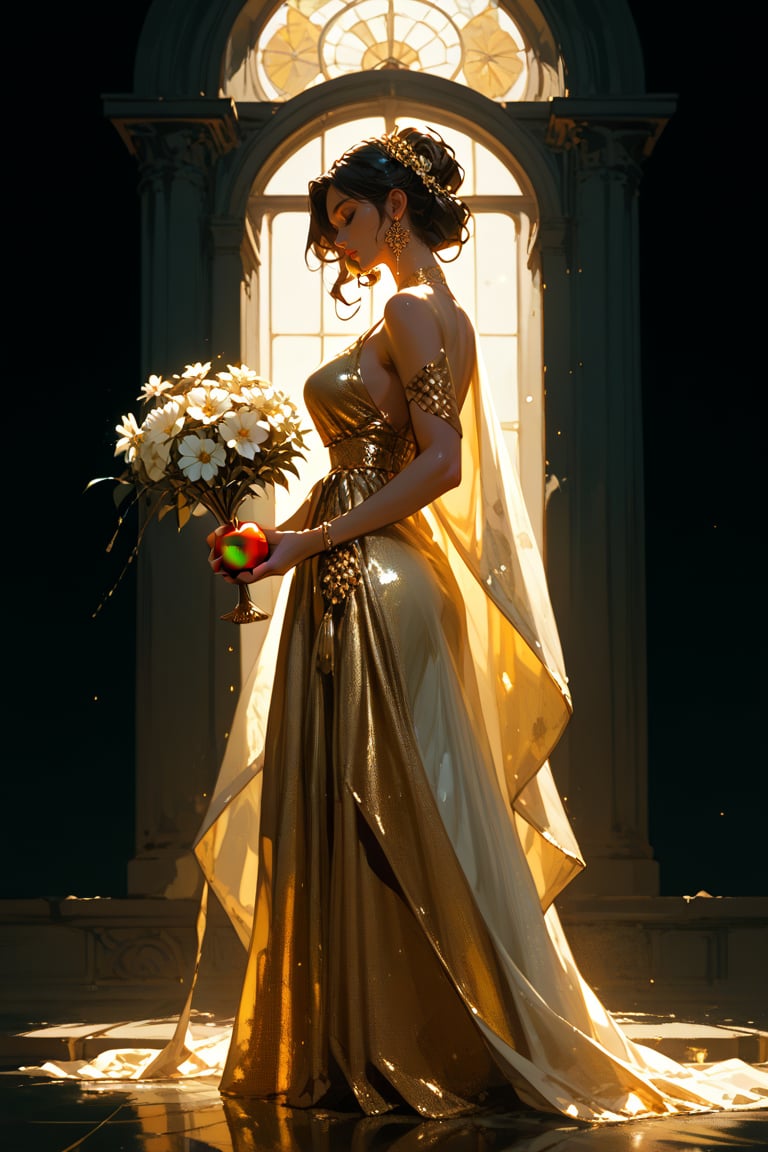 score_9,score_8_up,score_7_up, solo, A serene Hellenistic-inspired marble statue of a woman stands solo against a dark backdrop, bathed in soft golden lighting that casts a gentle glow on her tranquil features. (Barefoot and holding a radiant apple made of gold), the sculpture's flowing cream-colored gown with white flowers scattered across the skirt billows softly. Closed eyes and slightly curved lips convey wistful longing as she gazes to the left, exuding sorrow and nostalgia.,sculpture style