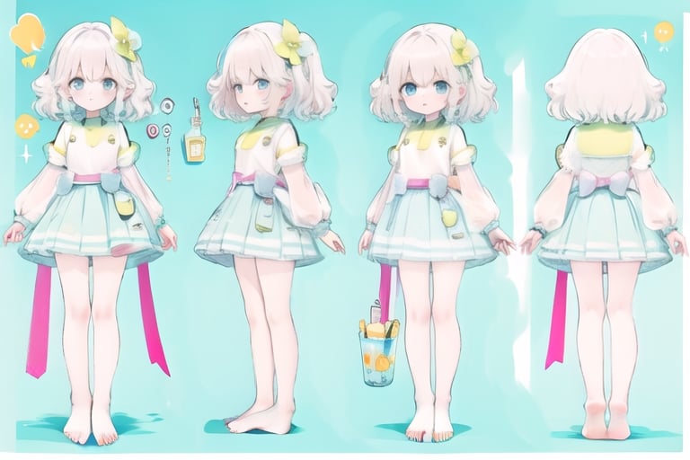 full body, masterpiece, best quality, character sheet, solo, multiple view, blank_background, bare feet, bare legs, flat_chested, solo, pink pillow, light_blue, yellow,chara-sheet, 