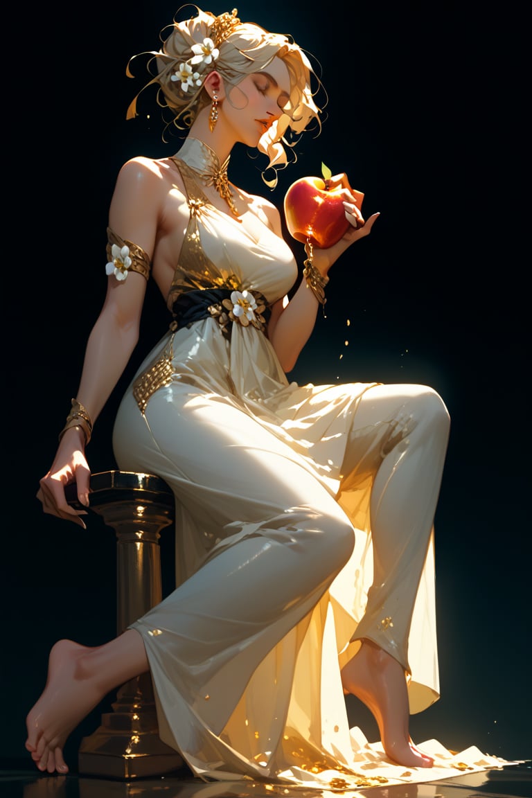 score_9,score_8_up,score_7_up, solo, A serene Hellenistic-inspired marble statue of a woman stands solo against a dark backdrop, bathed in soft golden lighting that casts a gentle glow on her tranquil features. (Barefoot and holding a floating gold shaped apple ), the sculpture's flowing cream-colored gown with white flowers scattered across the skirt billows softly. Closed eyes and slightly curved lips convey wistful longing as she gazes to the left, exuding sorrow and nostalgia.,sculpture style