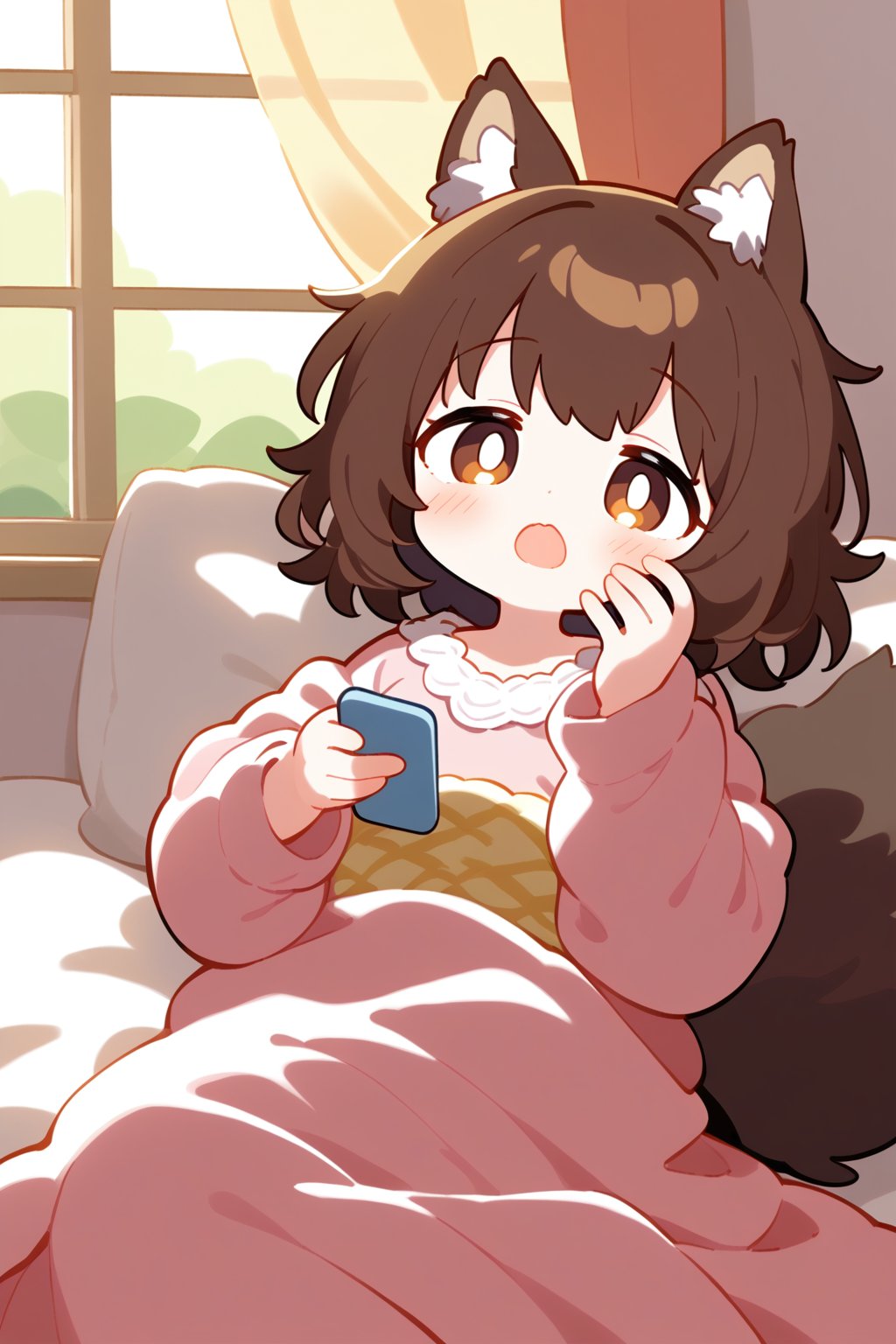 A girl sits in bed, surrounded by the warmth of a sunny morning. She wears wolf ears and a tail, her brown eyes half-closed as she lets out a big yawn. Her medium-length brown hair is mussed from sleep, and she's holding her mobile phone to gaze at the screen with a mix of drowsiness and interest. The quilt is rumpled around her, and the window behind her is framed by a flowy curtain that filters in the sunlight, casting a cozy glow on the scene.