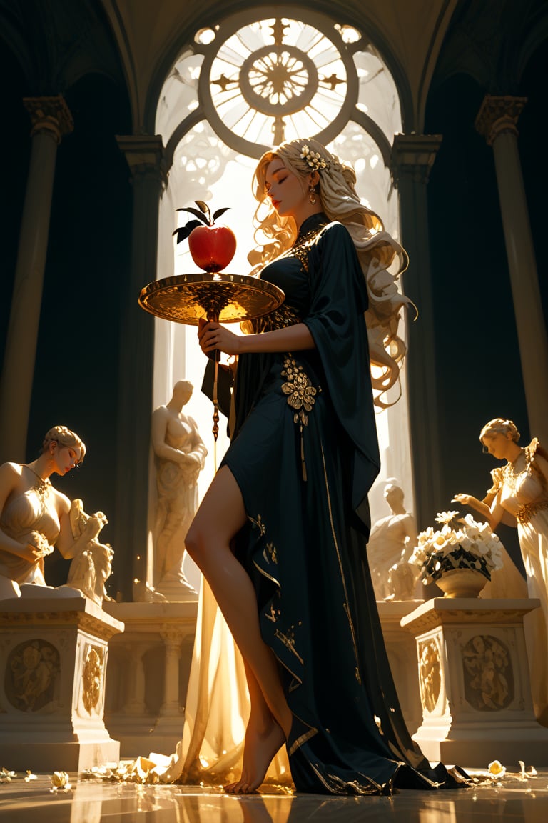 score_9,score_8_up,score_7_up, A serene Hellenistic-inspired marble statue of a woman stands solo against a dark backdrop, bathed in soft golden lighting that casts a gentle glow on her tranquil features. Barefoot and holding a radiant apple made of gold, the sculpture's flowing cream-colored gown with white flowers scattered across the skirt billows softly. Closed eyes and slightly curved lips convey wistful longing as she gazes to the left, exuding sorrow and nostalgia.,sculpture style