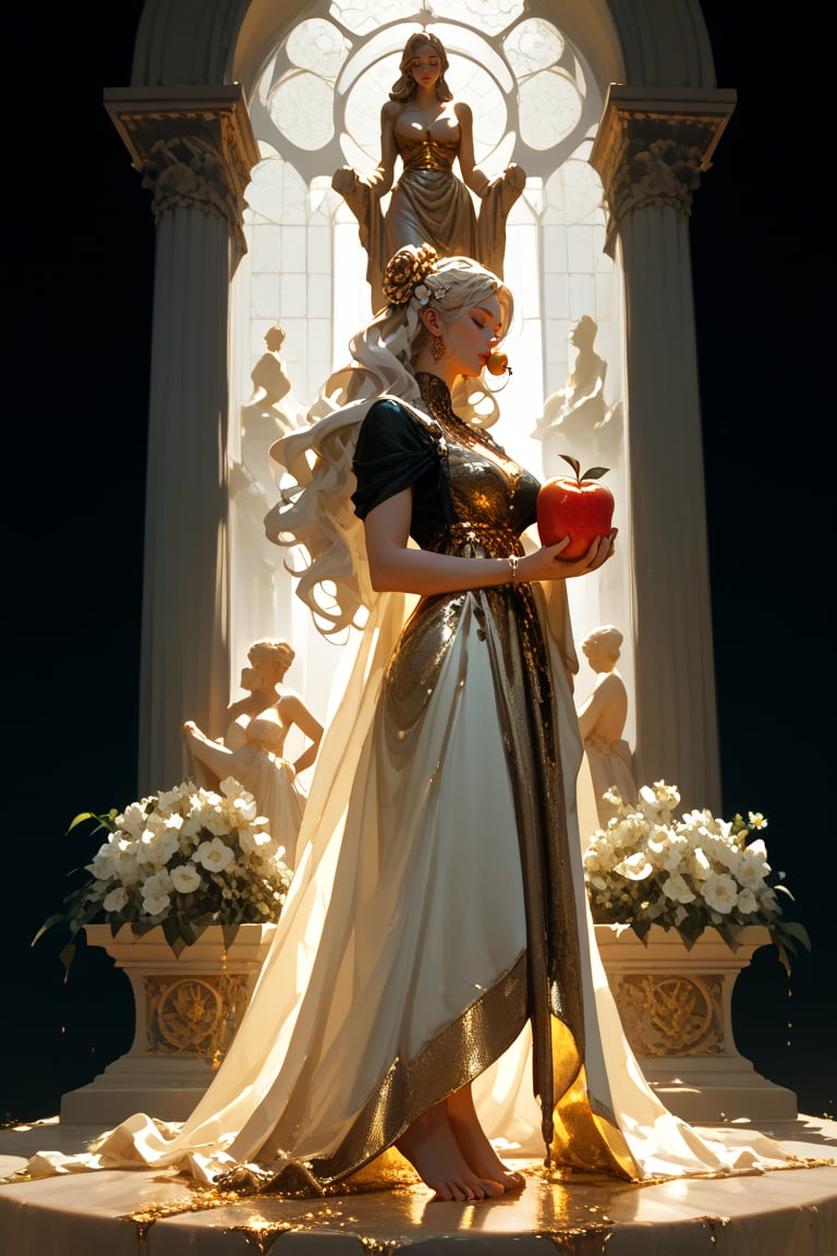 score_9,score_8_up,score_7_up, A serene Hellenistic-inspired marble statue of a woman stands solo against a dark backdrop, bathed in soft golden lighting that casts a gentle glow on her tranquil features. Barefoot and holding a radiant apple made of gold, the sculpture's flowing cream-colored gown with white flowers scattered across the skirt billows softly. Closed eyes and slightly curved lips convey wistful longing as she gazes to the left, exuding sorrow and nostalgia.,sculpture style