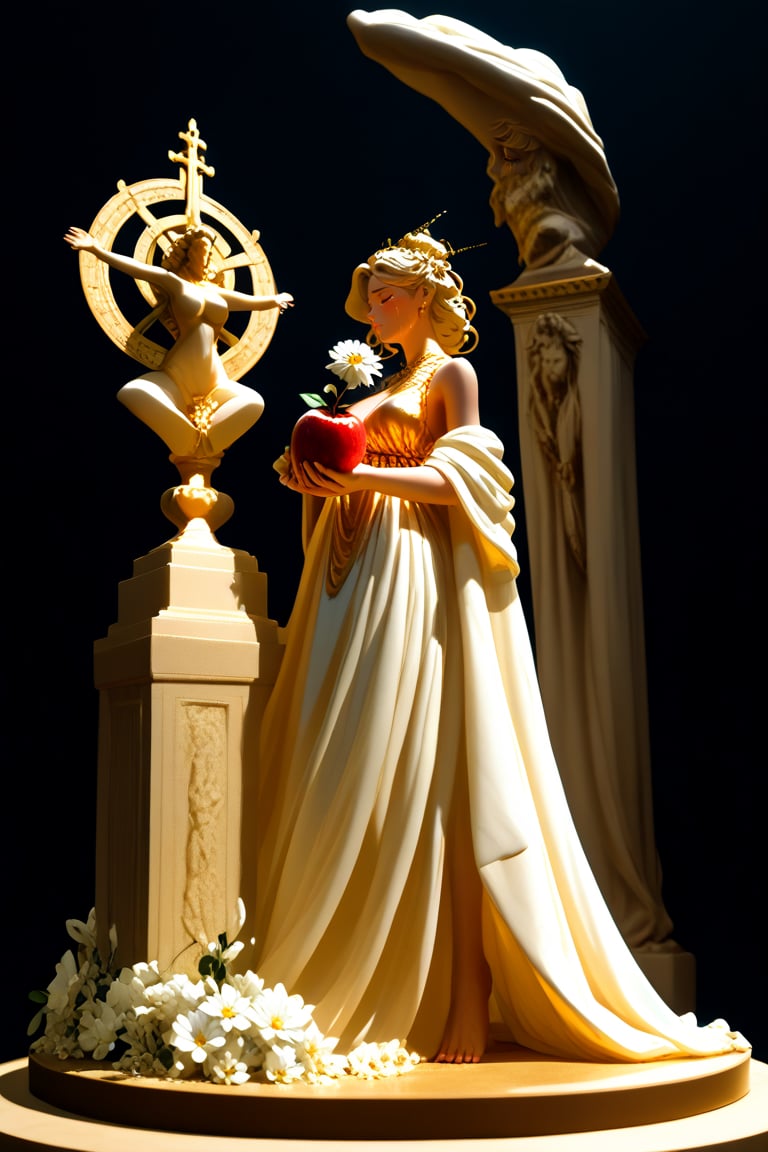 A serene Hellenistic-inspired marble statue of a woman stands solo against a dark backdrop, bathed in soft golden lighting that casts a gentle glow on her tranquil features. Barefoot and holding a radiant apple made of gold, the sculpture's flowing cream-colored gown with white flowers scattered across the skirt billows softly. Closed eyes and slightly curved lips convey wistful longing as she gazes to the left, exuding sorrow and nostalgia.,sculpture style