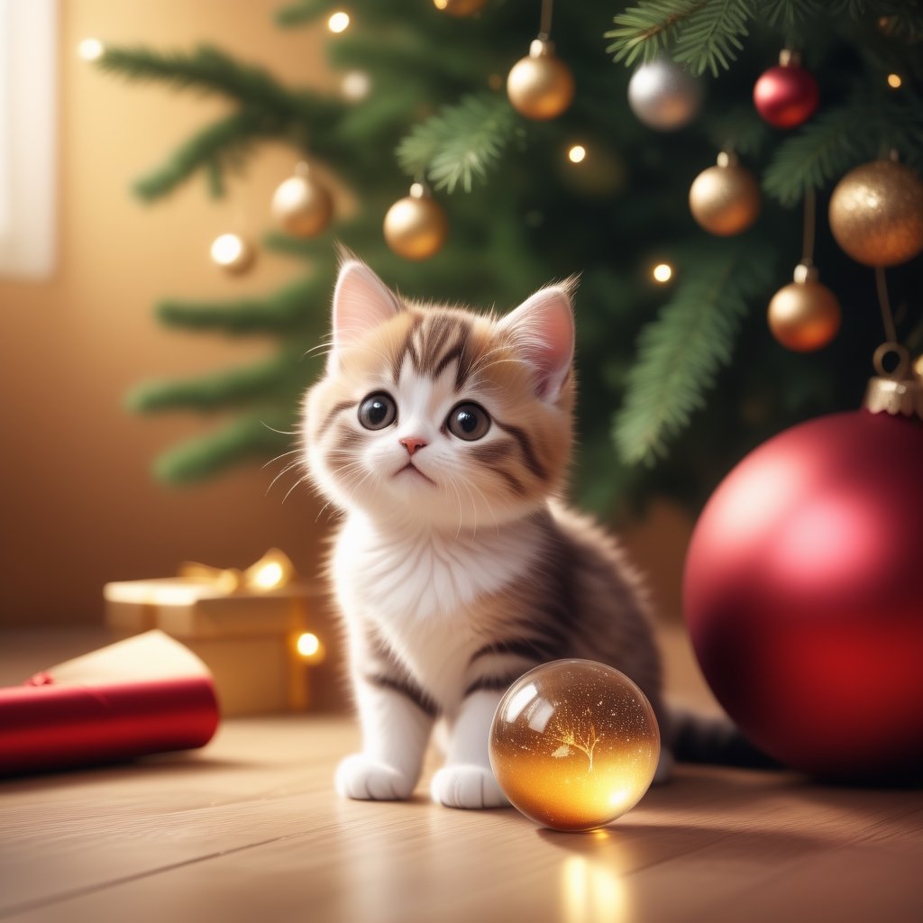 Fantasy photorealistic art of a cute cat Tom in a festive costume standing on the floor tries to hang a beautiful glass sphere on a branch of a Christmas tree, Christmas attributes, cinematic shot, soft light, amber light, magic atmosphere , flying particles, Christmas soks,thm style,Anime ,<lora:659095807385103906:1.0>
