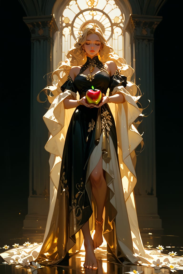 score_9,score_8_up,score_7_up, solo, A serene Hellenistic-inspired marble statue of a woman stands solo against a dark backdrop, bathed in soft golden lighting that casts a gentle glow on her tranquil features. (Barefoot and holding a gold shaped apple ), the sculpture's flowing cream-colored gown with white flowers scattered across the skirt billows softly. Closed eyes and slightly curved lips convey wistful longing as she gazes to the left, exuding sorrow and nostalgia.,sculpture style