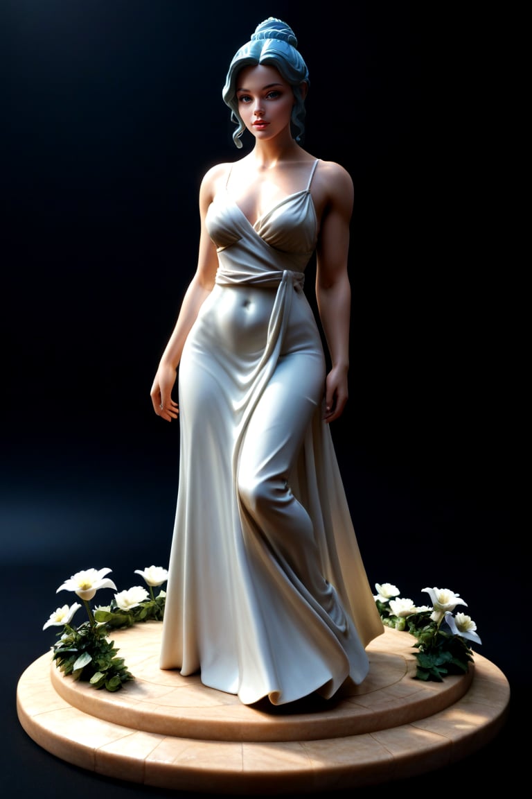 score_9,score_8_up,score_7_up, basic black background, outdoors, solo, 3D, marble sculpture, Hellenistic 1st century AD aesthetic, gracefully carved details, ,A serene marble statue of a woman, draped in a flowing cream-colored gown with white flowers scattered across the skirt. The subject's dark blue hair is coiled into a sleek bun, cascading down her back like a waterfall.  Soft, golden lighting illuminates the scene, casting a gentle glow on the statue's tranquil features.,sculpture style