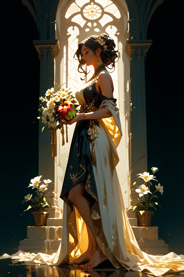 score_9,score_8_up,score_7_up, solo, A serene Hellenistic-inspired marble statue of a woman stands solo against a dark backdrop, bathed in soft golden lighting that casts a gentle glow on her tranquil features. (Barefoot and holding a radiant gold shaped like a apple), the sculpture's flowing cream-colored gown with white flowers scattered across the skirt billows softly. Closed eyes and slightly curved lips convey wistful longing as she gazes to the left, exuding sorrow and nostalgia.,sculpture style