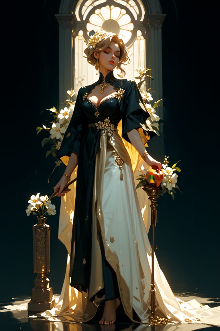 score_9,score_8_up,score_7_up, solo, A serene Hellenistic-inspired marble statue of a woman stands solo against a dark backdrop, bathed in soft golden lighting that casts a gentle glow on her tranquil features. (Barefoot and holding a floating gold shaped apple ), the sculpture's flowing cream-colored gown with white flowers scattered across the skirt billows softly. Closed eyes and slightly curved lips convey wistful longing as she gazes to the left, exuding sorrow and nostalgia.,sculpture style