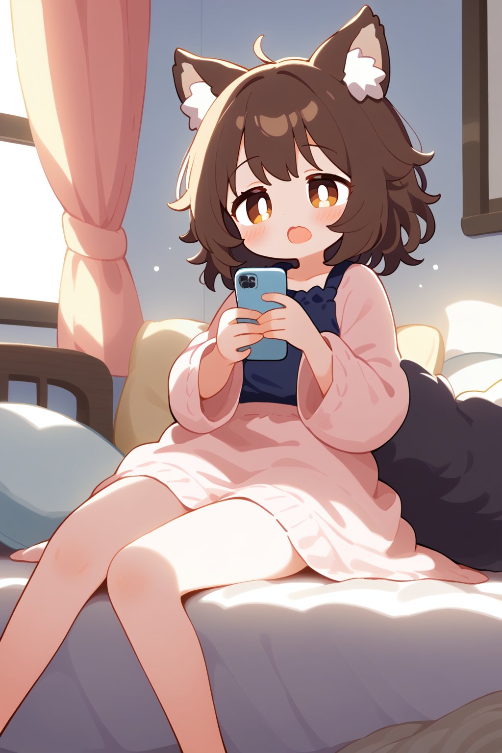 A girl sits in bed, surrounded by the warmth of a sunny morning. She wears wolf ears and a tail, her brown eyes half-closed as she lets out a big yawn. Her medium-length brown hair is mussed from sleep, and she's holding her mobile phone to gaze at the screen with a mix of drowsiness and interest. The quilt is rumpled around her, and the window behind her is framed by a flowy curtain that filters in the sunlight, casting a cozy glow on the scene.