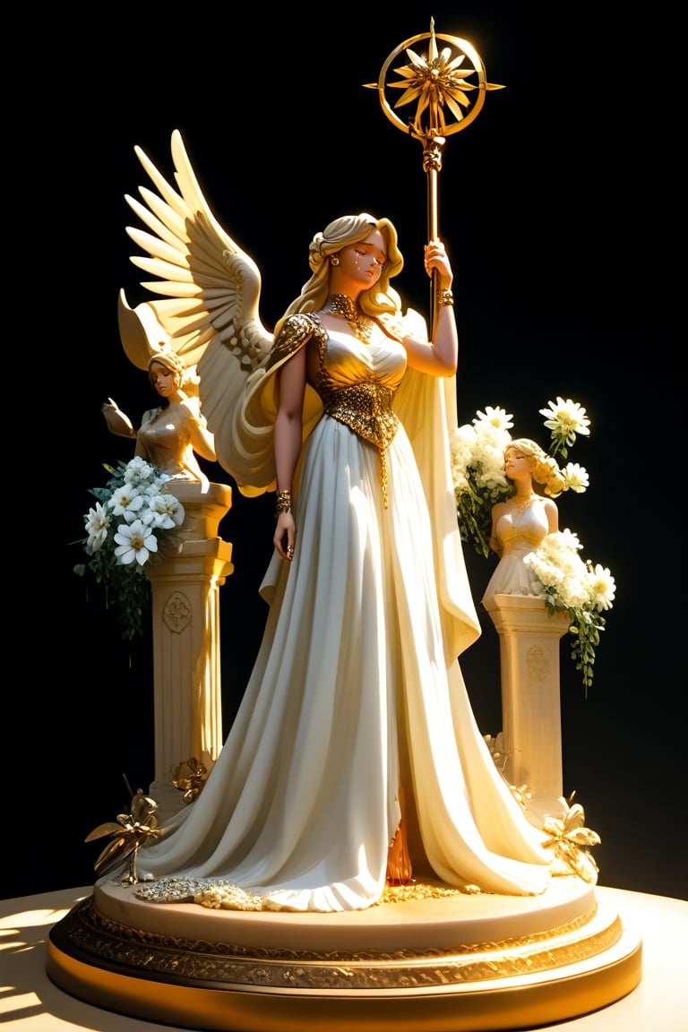 A serene Hellenistic-inspired marble statue of a woman stands solo against a dark backdrop, bathed in soft golden lighting that casts a gentle glow on her tranquil features. Barefoot and holding a radiant apple made of gold, the sculpture's flowing cream-colored gown with white flowers scattered across the skirt billows softly. Closed eyes and slightly curved lips convey wistful longing as she gazes to the left, exuding sorrow and nostalgia.,sculpture style