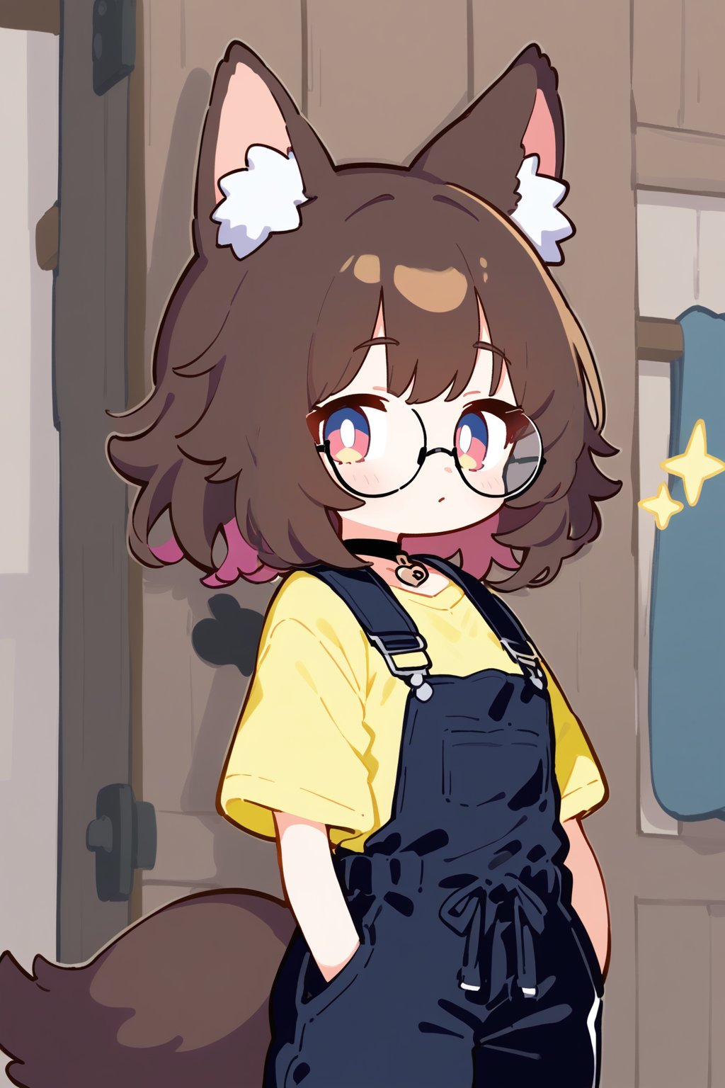 A medium shot of a confident individual wearing a bold, pastel bright yellow shirt with contrasting dark blue coveralls. Wolf ears and tail adorn her head and back, while round glasses and a black choker featuring the metal heart symbol add eclectic flair. Her medium brown hair and eyes sparkle as she stands before a rustic wooden door, hands tucked into pockets, the vibrant color combination drawing attention.