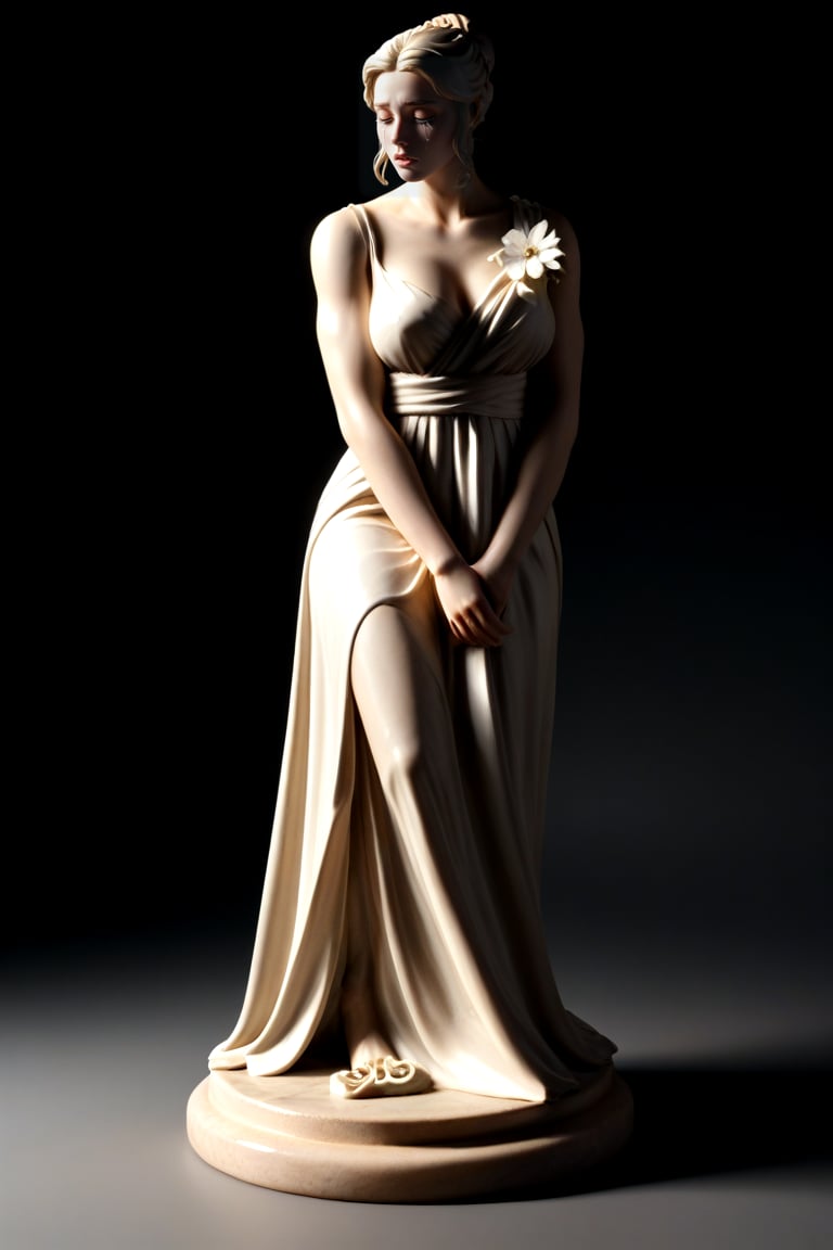 score_9,score_8_up,score_7_up, basic black background, outdoors, solo, 3D, marble sculpture, Hellenistic 1st century AD aesthetic, gracefully carved details, made of marble,A serene marble statue of a woman, draped in a flowing cream-colored gown with white flowers scattered across the skirt. The subject's dark hair is coiled into a sleek bun.  Soft, golden lighting illuminates the scene, casting a gentle glow on the statue's tranquil features.,sculpture style