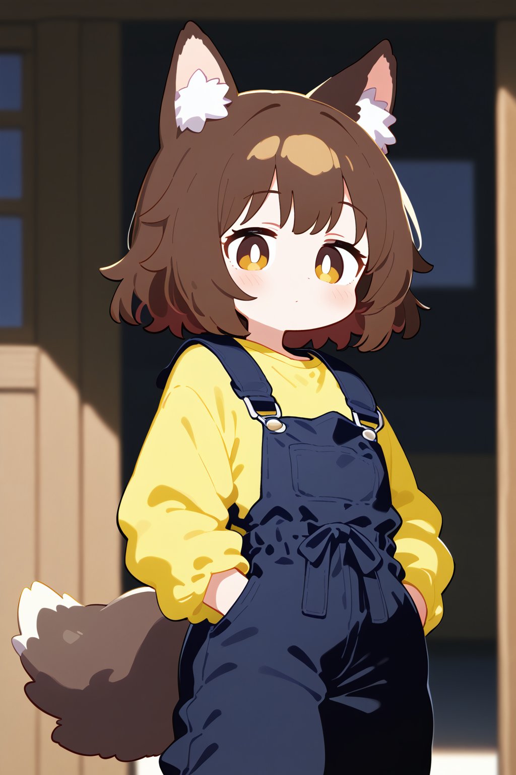 A close-up shot of a person wearing a bold, bright yellow shirt with a contrasting dark blue coverall. She wears wolf ears and a tail, her brown eyes, medium brown hair. The camera focuses on the vibrant color combination as the individual stands confidently in front of a rustic wooden door, hands tucked into pockets. 