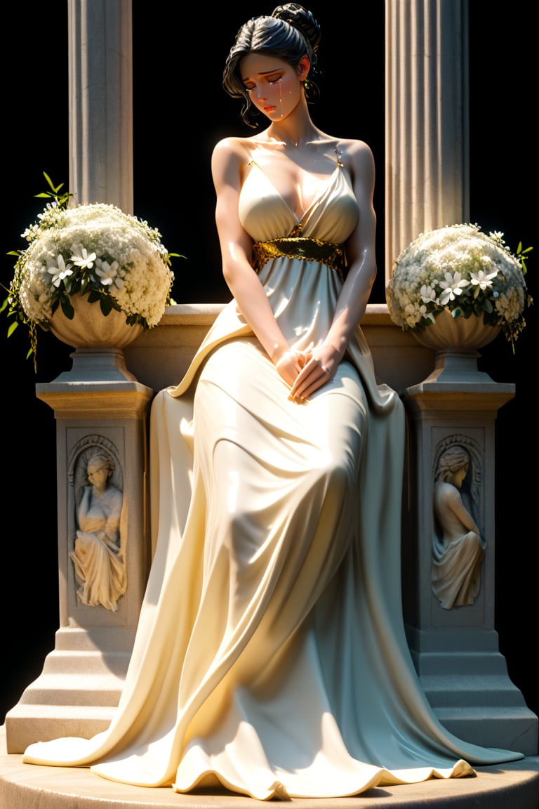 score_9,score_8_up,score_7_up, basic black background, outdoors, solo, 3D, marble sculpture, marble skin, Hellenistic 1st century AD aesthetic, gracefully carved details, made of marble,A serene marble statue of a woman, draped in a flowing cream-colored gown with white flowers scattered across the skirt. The subject's dark hair is coiled into a sleek bun.  Soft, golden lighting illuminates the scene, casting a gentle glow on the statue's tranquil features.,sculpture style