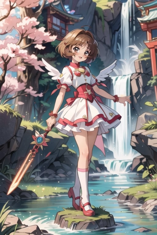 ((Masterpiece in maximum 16K resolution, in a style inspired by the anime Card Captor Sakura)). | Sasaki Rika, in a stunning all-white mage outfit adorned with pink details. Her short accordion skirt, white stockings with pink bands, and pink shoes complement the harmony of the look | The scene unfolds in an ancient temple near a majestic waterfall, featuring white marble structures, altars with ancient writings, and a variety of spirit animals. Sasaki is looking directly at the viewer, her ((brown eyes)) radiating confidence as she offers a ((captivating smile)). Her short brown hair with a large fringe in front of her right eye adds a contemporary touch to her image | The visual composition highlights the magic in the air, with appropriate lighting emphasizing the details of the outfit and the enchanted environment. | ((sasaki rika, in a mage outfit inspired by Card Captor Sakura, in a mystical setting of an ancient temple next to a waterfall):1.4). | {The camera is positioned very close to her, revealing her entire body as she assumes a pose, interacting with and leaning against a structure in the scene in an exciting way.} | (((She takes a pose as she interacts, boldly leaning on a structure, leaning back in an exciting way.))), (((((full-body_image))))), ((perfect_pose, perfect_anatomy, perfect_body)), ((perfect_finger, perfect_fingers, perfect_hand, perfect_hands, better_hands)), ((perfect_composition)), perfect_design, perfect_layout, perfect_detail, ((more_etail, ultra_detailed, Enhance)).