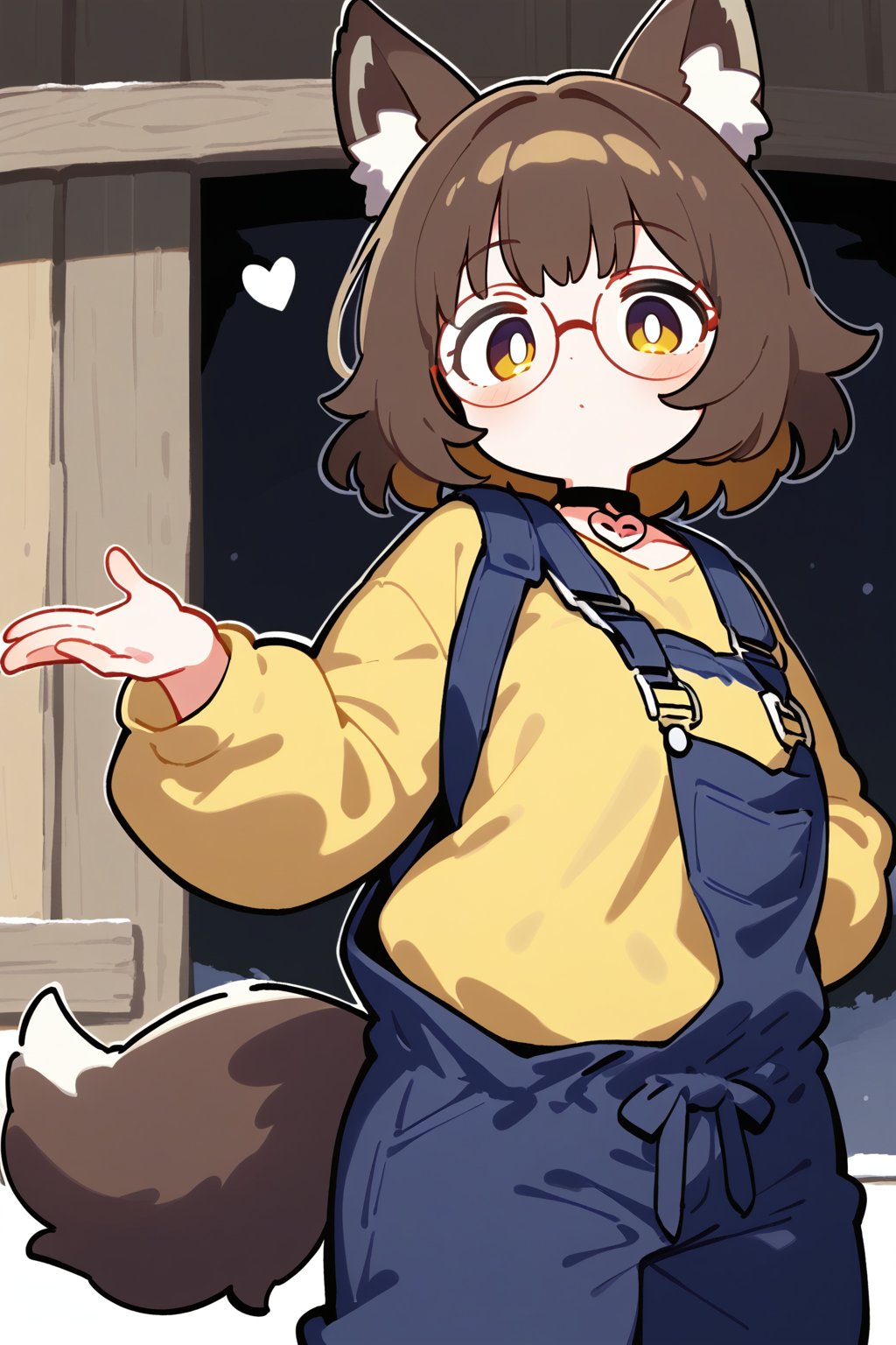 A confident individual, donning a bright yellow shirt beneath dark blue coveralls, strikes a bold pose in front of a rustic wooden door. Wolf ears and tail add quirky flair to her eclectic look. Round glasses and a black choker featuring a metal heart symbol complement her unique style. Her medium brown hair and eyes stand out against the warm tones of the setting, as she confidently stands with hands tucked into pockets, perfectly framed by the distressed wood door and rich earthy surroundings.