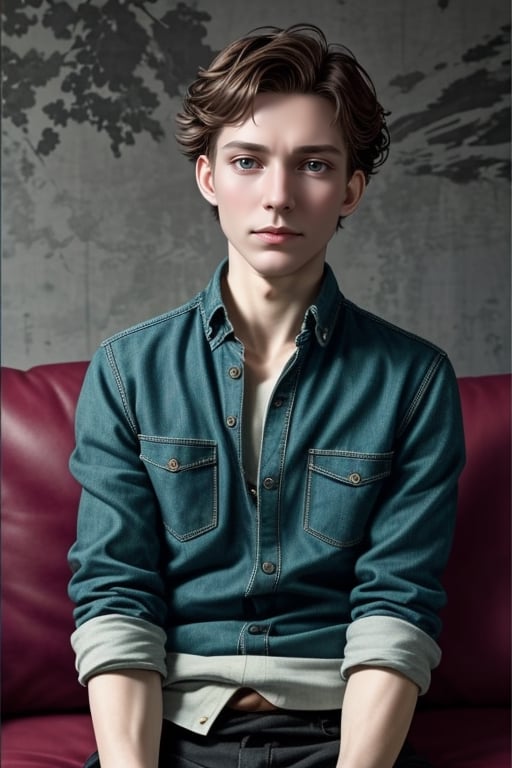 Masterpiece, best quality, photorealistic, (solo), Combine Cillian Murphy Tom Holland and Benedict Cumberbatch in one person, photo of perfecteyes eyes, sit on couch, simple background,photorealistic, perfect light,,<lora:659111690174031528:1.0>