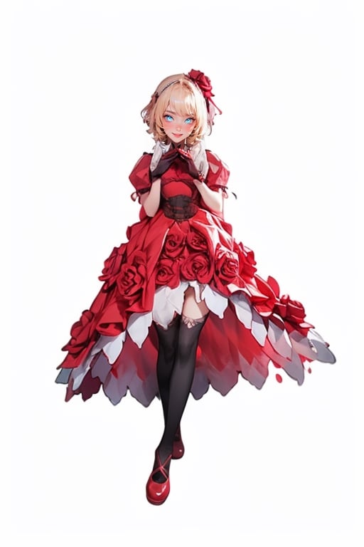 ((full body)), rosemi mixed with ruanyi0187, best quality,masterpiece,highres,official art,extremely detailed cg unity 8k wallpaper, 1girl, smiling, blushing cheeks, (thorns),flower in her hair, short puffy sleeves, cutouts on the shoulders, corset, red dress, dark green gloves, black thigh-high stockings, black bow, white background,(heart hands, own hands together)
