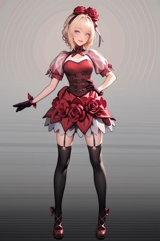 ((full body)), rosemi mixed with ruanyi0187, best quality,masterpiece,highres,official art,extremely detailed cg unity 8k wallpaper, 1girl, smiling, blushing cheeks, (thorns),flower in her hair, short puffy sleeves, cutouts on the shoulders, corset, red dress, dark green gloves, black thigh-high stockings, black bow, white background,<lora:659111690174031528:1.0>
