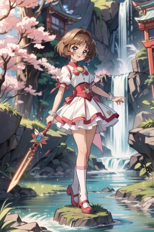 ((Masterpiece in maximum 16K resolution, in a style inspired by the anime Card Captor Sakura)). | Sasaki Rika, in a stunning all-white mage outfit adorned with pink details. Her short accordion skirt, white stockings with pink bands, and pink shoes complement the harmony of the look | The scene unfolds in an ancient temple near a majestic waterfall, featuring white marble structures, altars with ancient writings, and a variety of spirit animals. Sasaki is looking directly at the viewer, her ((brown eyes)) radiating confidence as she offers a ((captivating smile)). Her short brown hair with a large fringe in front of her right eye adds a contemporary touch to her image | The visual composition highlights the magic in the air, with appropriate lighting emphasizing the details of the outfit and the enchanted environment. | ((sasaki rika, in a mage outfit inspired by Card Captor Sakura, in a mystical setting of an ancient temple next to a waterfall):1.4). | {The camera is positioned very close to her, revealing her entire body as she assumes a pose, interacting with and leaning against a structure in the scene in an exciting way.} | (((She takes a pose as she interacts, boldly leaning on a structure, leaning back in an exciting way.))), (((((full-body_image))))), ((perfect_pose, perfect_anatomy, perfect_body)), ((perfect_finger, perfect_fingers, perfect_hand, perfect_hands, better_hands)), ((perfect_composition)), perfect_design, perfect_layout, perfect_detail, ((more_etail, ultra_detailed, Enhance)).