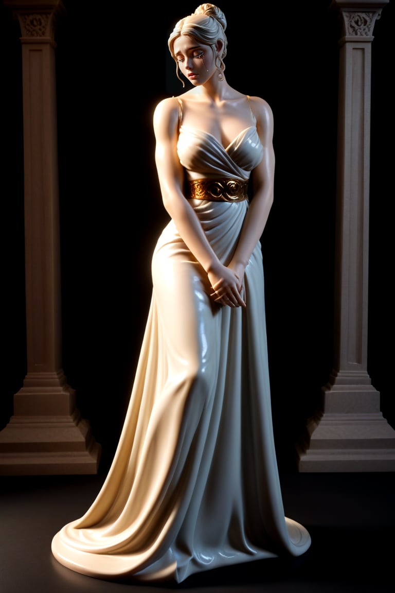 score_9,score_8_up,score_7_up, basic black background, outdoors, solo, 3D, marble sculpture, Hellenistic 1st century AD aesthetic, gracefully carved details, ,A serene marble statue of a woman, draped in a flowing cream-colored gown with white flowers scattered across the skirt. The subject's dark hair is coiled into a sleek bun.  Soft, golden lighting illuminates the scene, casting a gentle glow on the statue's tranquil features.,sculpture style