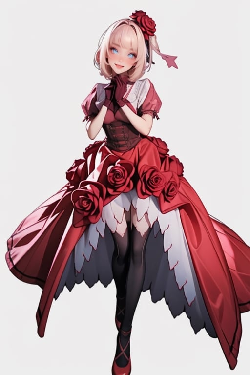 ((full body)), rosemi mixed with ruanyi0187, best quality,masterpiece,highres,official art,extremely detailed cg unity 8k wallpaper, 1girl, smiling, blushing cheeks, (thorns),flower in her hair, short puffy sleeves, cutouts on the shoulders, corset, red dress, dark green gloves, black thigh-high stockings, black bow, white background,(heart hands, own hands together),<lora:659111690174031528:1.0>