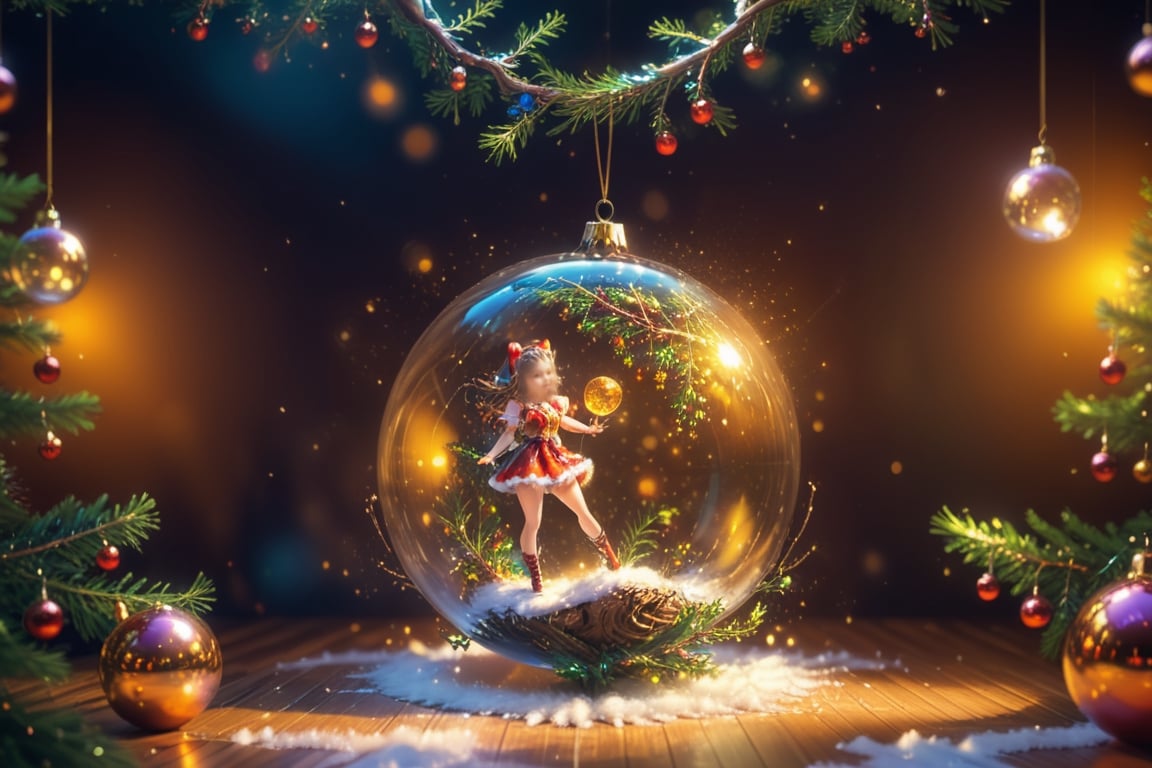 Fantasy photorealistic art of a cute girl in a festive costume standing on the floor tries to hang a beautiful glass sphere on a branch of a Christmas tree, Christmas attributes, cinematic shot, soft light, amber light, magic atmosphere , flying particles, thm style, Anime,hentai,catgirl,,<lora:659095807385103906:1.0>