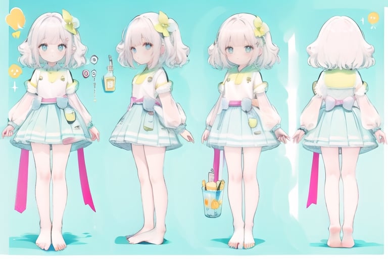 full body, masterpiece, best quality, character sheet, solo, multiple view, blank_background, bare feet, bare legs, flat_chested, solo, pink pillow, light_blue, yellow,chara-sheet, 