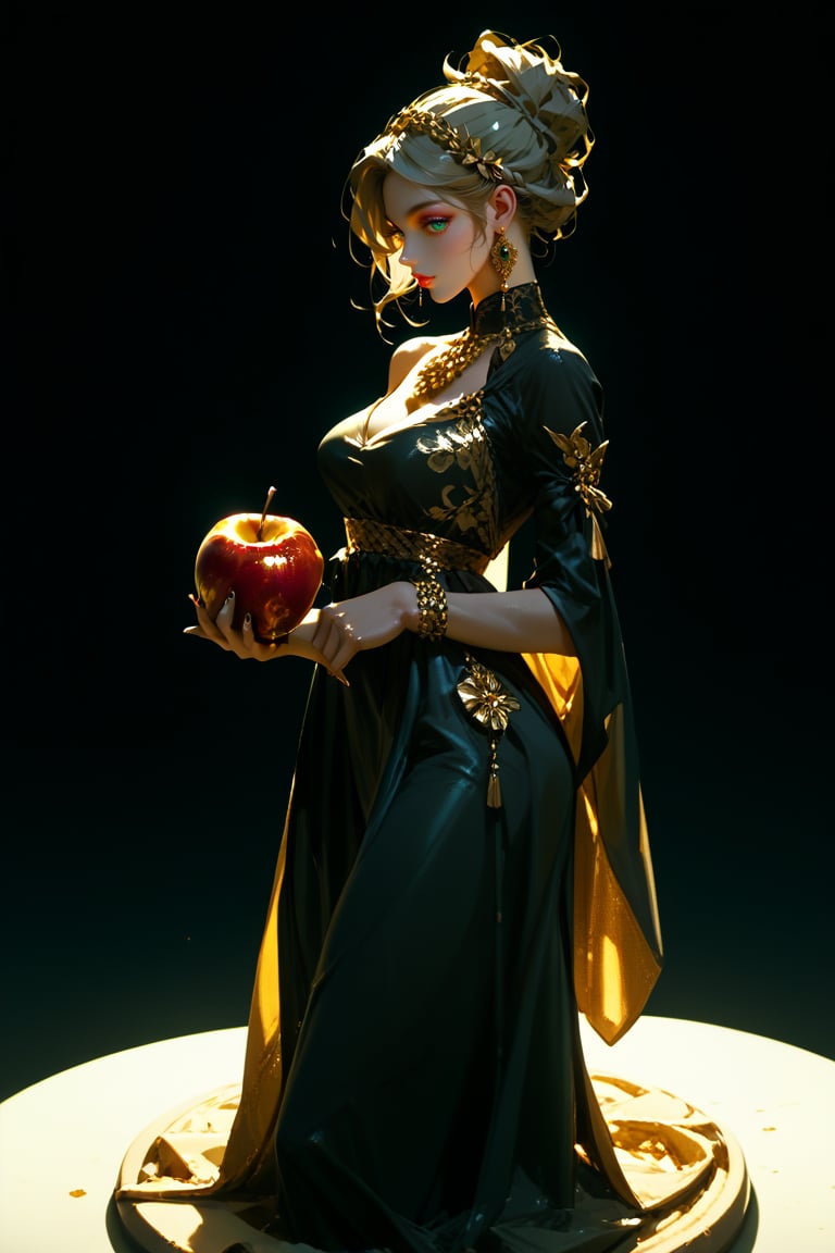 score_9,score_8_up,score_7_up,1girl, solo, A serene Hellenistic-inspired marble sculpture of a woman stands solo against a dark backdrop, (Barefoot and holding gold shaped apple), sculpture style