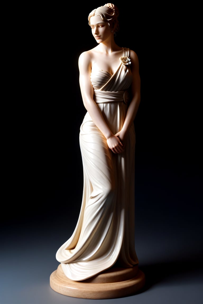 score_9,score_8_up,score_7_up, basic black background, outdoors, solo, 3D, marble sculpture, marble skin, Hellenistic 1st century AD aesthetic, gracefully carved details, made of marble,A serene marble statue of a woman, draped in a flowing cream-colored gown with white flowers scattered across the skirt. The subject's dark hair is coiled into a sleek bun.  Soft, golden lighting illuminates the scene, casting a gentle glow on the statue's tranquil features.,sculpture style