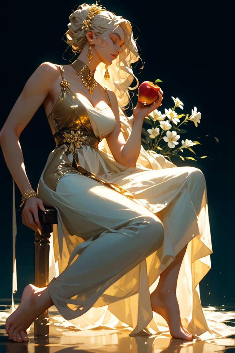 score_9,score_8_up,score_7_up, solo, A serene Hellenistic-inspired marble statue of a woman stands solo against a dark backdrop, bathed in soft golden lighting that casts a gentle glow on her tranquil features. (Barefoot and holding a floating gold shaped apple ), the sculpture's flowing cream-colored gown with white flowers scattered across the skirt billows softly. Closed eyes and slightly curved lips convey wistful longing as she gazes to the left, exuding sorrow and nostalgia.,sculpture style