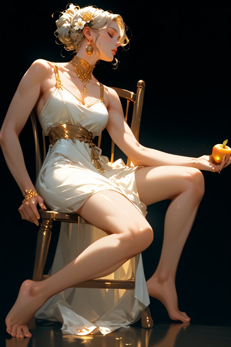 score_9,score_8_up,score_7_up, solo, A serene Hellenistic-inspired marble statue of a woman stands solo against a dark backdrop, bathed in soft golden lighting that casts a gentle glow on her tranquil features. (Barefoot and holding a floating gold shaped apple ), the sculpture's flowing cream-colored gown with white flowers scattered across the skirt billows softly. Closed eyes and slightly curved lips convey wistful longing as she gazes to the left, exuding sorrow and nostalgia.,sculpture style