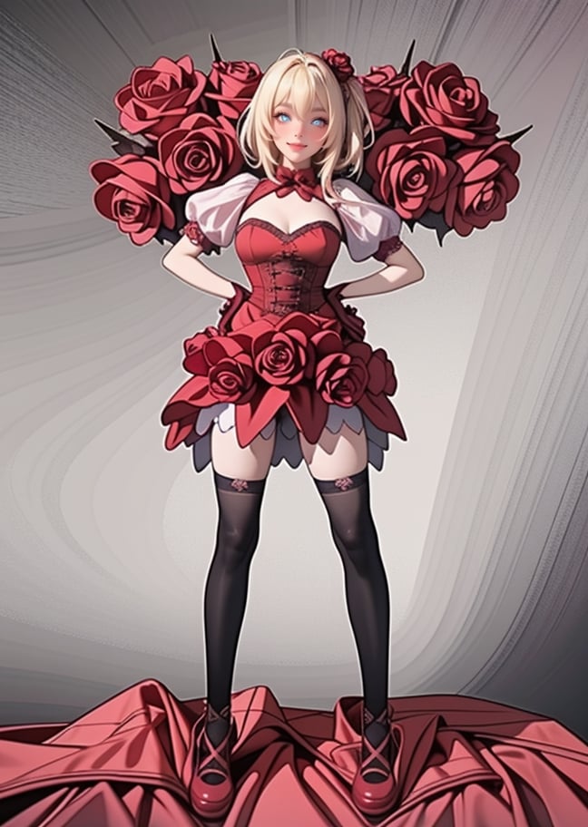 ((full body)), nude rosemi mixed with ruanyi0187, best quality,masterpiece,highres,official art,extremely detailed cg unity 8k wallpaper, 1girl, smiling, blushing cheeks, (thorns),flower in her hair, short puffy sleeves, cutouts on the shoulders, corset, red dress, dark green gloves, black thigh-high stockings, black bow, white background,<lora:659111690174031528:1.0>