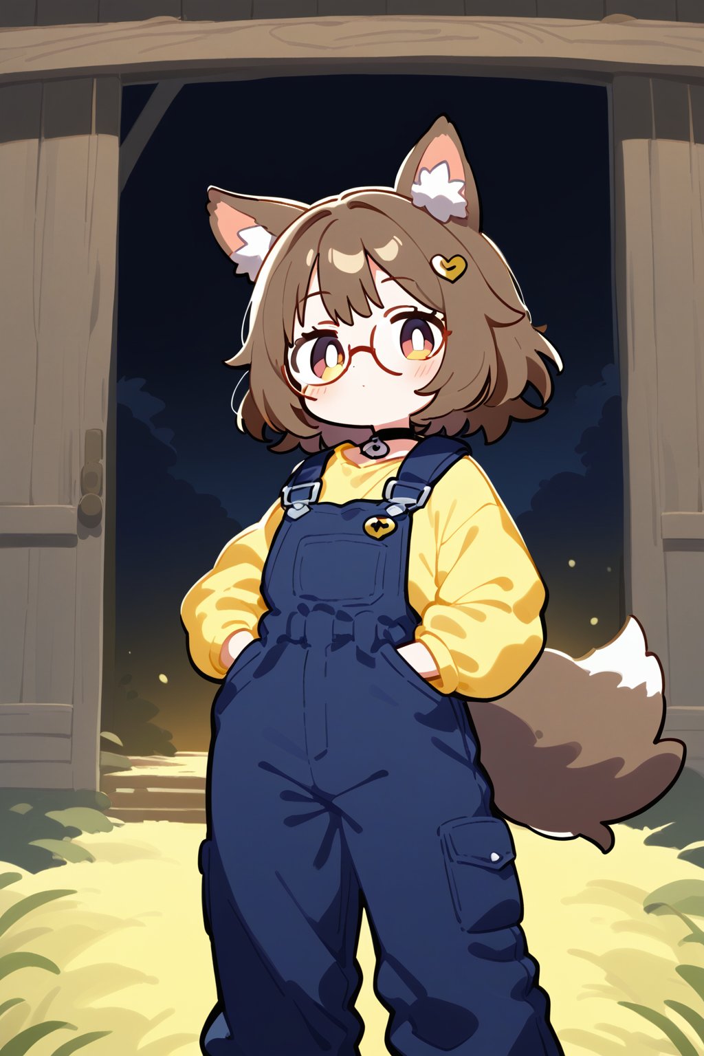 A confident individual, donning a bright yellow shirt beneath dark blue coveralls, strikes a bold pose in front of a rustic wooden door. Wolf ears and tail add quirky flair to her eclectic look. Round glasses and a black choker featuring a metal heart symbol complement her unique style. Her medium brown hair and eyes stand out against the warm tones of the setting, as she confidently stands with hands tucked into pockets, perfectly framed by the distressed wood door and rich earthy surroundings.