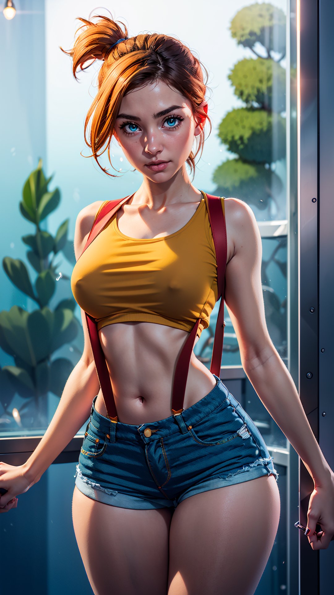 1girl, solo, Misty from pokemon, (athletic body, small breasts, skinny waist, wide hips, huge thighs), ((pretty green eyes)), ginger hair, micro ripped denim shorts, camel toe, super short loose yellow crop top, underboob, red suspenders, (holding hands behind back), facing viewer, looking at viewer, in an aquarium, (masterpiece, best quality, realistic, intricate, high resolution), Misty_Pokemon, cinematic lighting, evenly lit, soft lighting