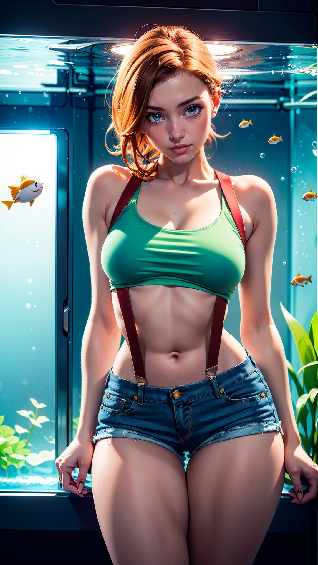 1girl, solo, sweet young woman, 20 years old, Misty from pokemon, (athletic body, very small breasts, tiny tits, flat chest, skinny waist, wide hips, huge thighs), ((pretty green eyes)), ginger hair, ripped denim shorts, loose yellow crop top, loose crop shirt, hanging crop top, red suspenders, cute pose, facing viewer, looking at viewer, in an aquarium, pastel colors, muted colors, (masterpiece, best quality, realistic, intricate, high resolution), Misty_Pokemon, cinematic lighting, evenly lit, soft lighting, water type pokemon in fish tank in background
