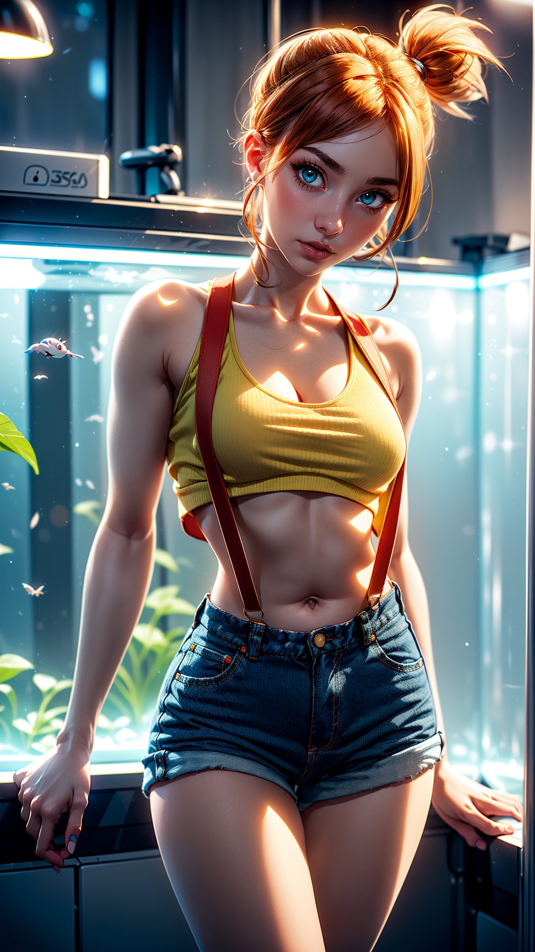1girl, solo, sweet young woman, Misty from pokemon, (athletic body, very small breasts, tiny tits, flat chest, skinny waist, wide hips, huge thighs), ((pretty green eyes)), ginger hair, ripped denim shorts, loose yellow crop top, red suspenders, cute pose, facing viewer, looking at viewer, in an aquarium, (masterpiece, best quality, realistic, intricate, high resolution), Misty_Pokemon, cinematic lighting, evenly lit, soft lighting,1 girl