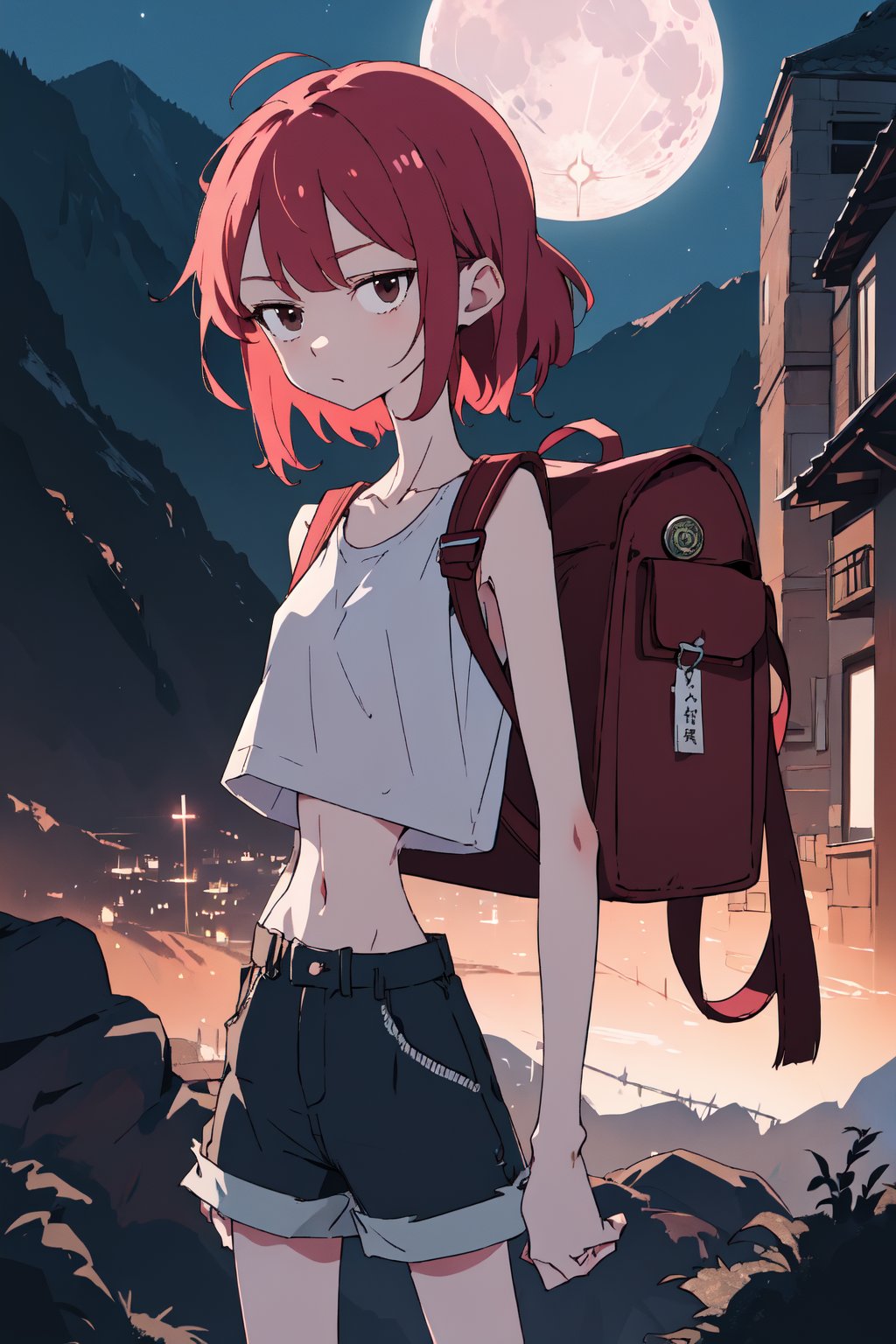 by oda non by yogisya, a very skinny woman from the side, red head, lace and sexy baggy crop top, very baggy shorts, heavy backpack on his back, outside, on the mountain at night, detailed background, night, intimacy, soft moon lighting, masterpiece, best quality, high quality, highres, absurdres, very detailed, high resolution, sharp, sharp image, 8k, vivid, colorful, stunning, anime, aesthetic, skinny