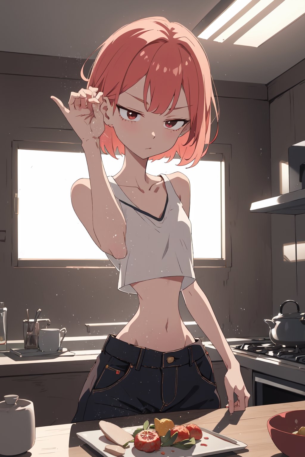 (SaltBaeMeme), by oda non by yogisya, a very skinny girl, red head, sexy baggy crop top, indoors, kitchet, detailed background, twilight, intimacy, soft lighting, masterpiece, best quality, high quality, highres, absurdres, very detailed, high resolution, sharp, sharp image, 8k, vivid, colorful, stunning, anime, aesthetic,skinny,