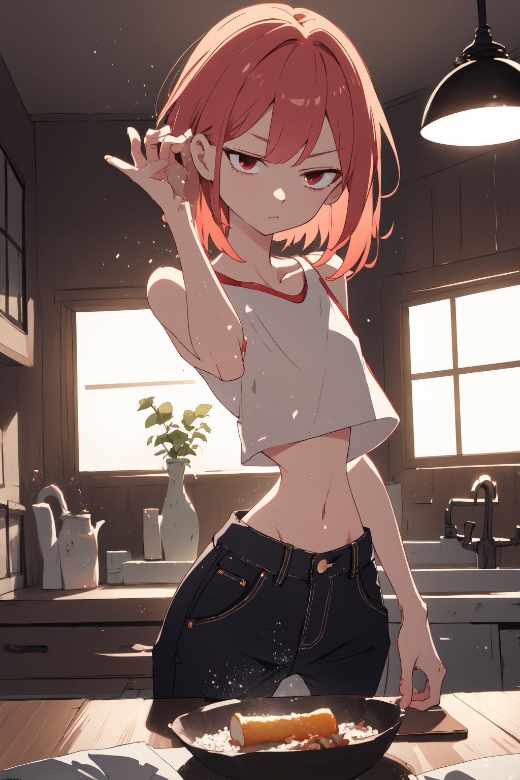 (SaltBaeMeme), by oda non by yogisya, a very skinny girl, emaciated, red head, sexy baggy crop top, indoors, kitchet, detailed background, twilight, intimacy, soft lighting, masterpiece, best quality, high quality, highres, absurdres, very detailed, high resolution, sharp, sharp image, 8k, vivid, colorful, stunning, anime, aesthetic,skinny,