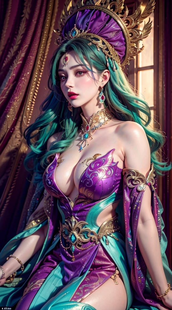 Full body  portrait of a beautiful ethereal woman, her very long aqua hair cascading down in soft waves, framing a face of extreme detail and elegance. Her eyes, big and colorful, boast three gradient purple shades of eyeshadow and eyeliner, accentuating her double eyelids and long lashes. Rosy cheeks adding a touch of warmth to her ethereal beauty, and her skins glossy texture shines in the cinematic light, highlighting each and every realistic pore and Wrinkle. Full lips adorned with golden glitter on her lipstick, complementing the aqua and purple jewels she wears around her neck and wr,Kamini 