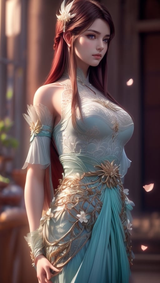 RAW PHOTO. portrait, flowers blurry_light_background.   best quality,  (((masterpiece))),  high quality,  realist,  best detailed,  details, Detailed face:1,  xuner,  skin detailed,  woman, long red hair. good anatomy,  bright plain silk dress.  poking nipples.  huge boobs,  curve body, hair ornament,1 girl,