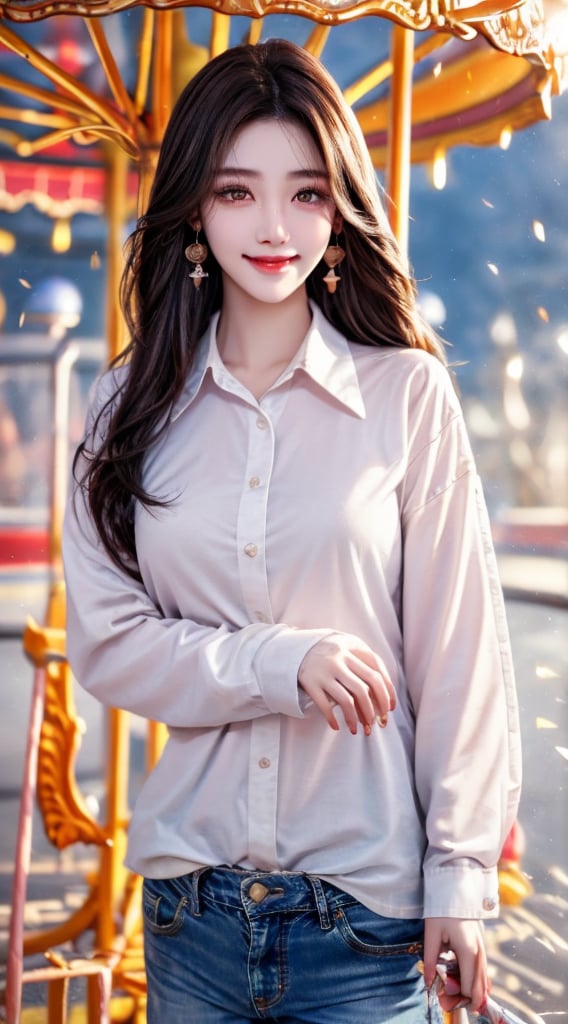 background is amusement park,
18 yo, 1 girl, beautiful korean girl,
wearing white collared long sleeve shirts,short jeans, smile,ride a merry-go-round, solo, {beautiful and detailed eyes}, dark eyes, calm expression, delicate facial features, ((model pose)), Glamor body type, (dark hair:1.2), simple tiny earrings, very_long_hair, hair past hip, bang, straight hair, flim grain, realhands, masterpiece, Best Quality, 16k, photorealistic, ultra-detailed, finely detailed, high resolution, perfect dynamic composition, beautiful detailed eyes, eye smile, ((nervous and embarrassed)), sharp-focus, full_body, cowboy_shot,