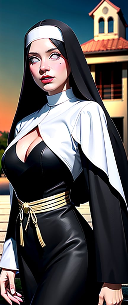 ((masterpiece)), ((best quality)), ((super quality)), ((best quality CG wallpaper)), wide shooting angle, (digital painting), beautiful woman, hanabi hyuga, very sexy appearance, seductive , rosy cheeks, smooth skin, long hair, white eyes, big breasts, facial details, cleavage cutout,big thighs,hourglass body, (f-cup boobs,cleavage), juicy lips(red lipstick),sharp jawline, (blush:0), sharp eyes,(nun costume:1.3), facing the viewer, cowboy shot, glamour, church  in background, very beautiful view, sunset cinematic lighting, ((very high detail)), realistic, ((intricate detail)), 8k,hyuuga_hanabi,wonder beauty,wonder beauty 