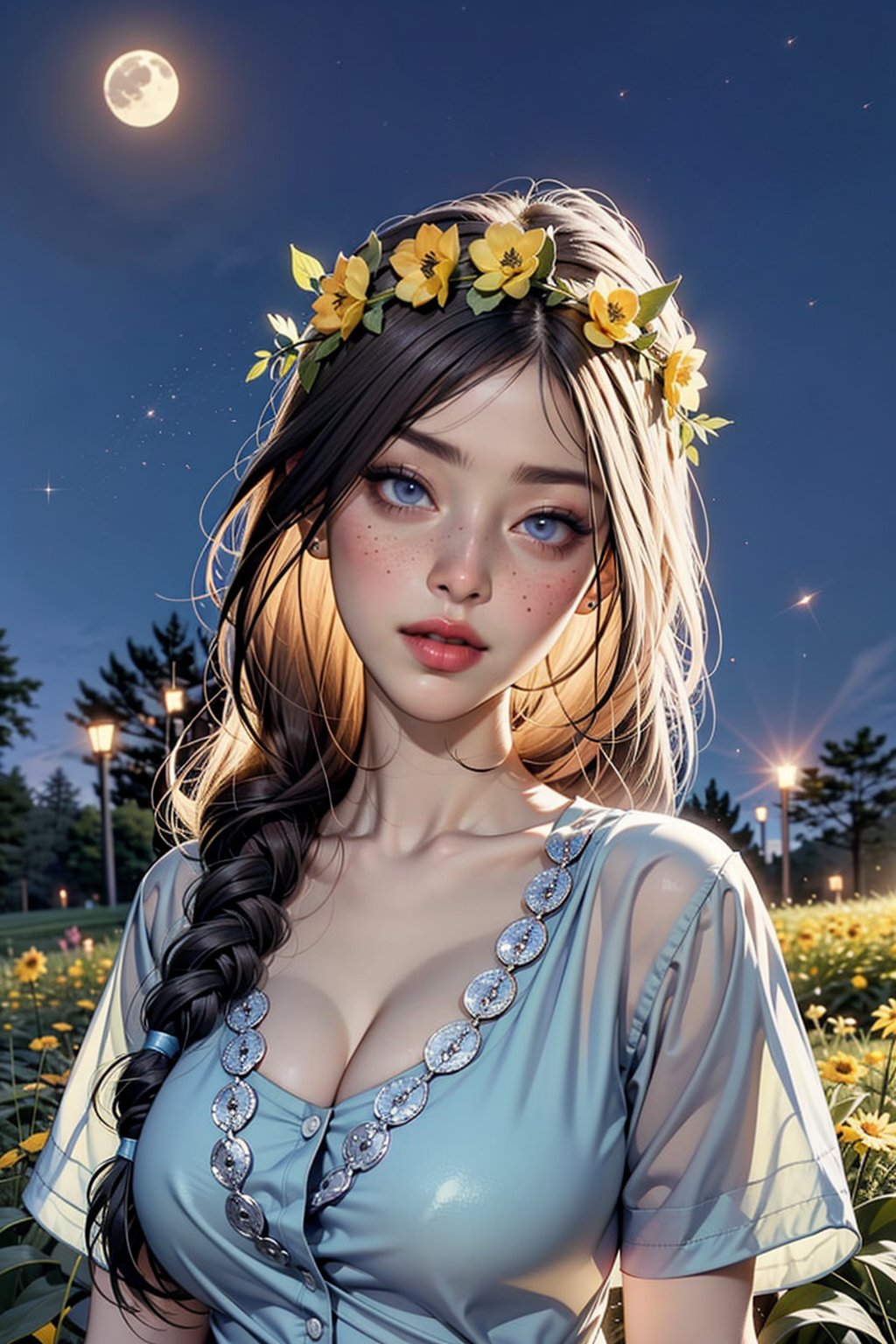 1girl, flower, solo, freckles, blue_eyes, looking_at_viewer, moon, long_hair, night, braid, hair_flower, light_particles, shirt, head_wreath, brown_hair, full_moon, blue_flower, purple_flower, lips, twin_braids, upper_body, hair_ornament, white_shirt, eyelashes, moonlight, makeup, red_lips, glowing, yellow_flower, night_sky, backlighting, sky, closed_mouth, field, outdoors, sparkle, expressionless, grass, flower_field, star_(sky), collarbone, buttons, lipstick, leaf, fireflies, nose