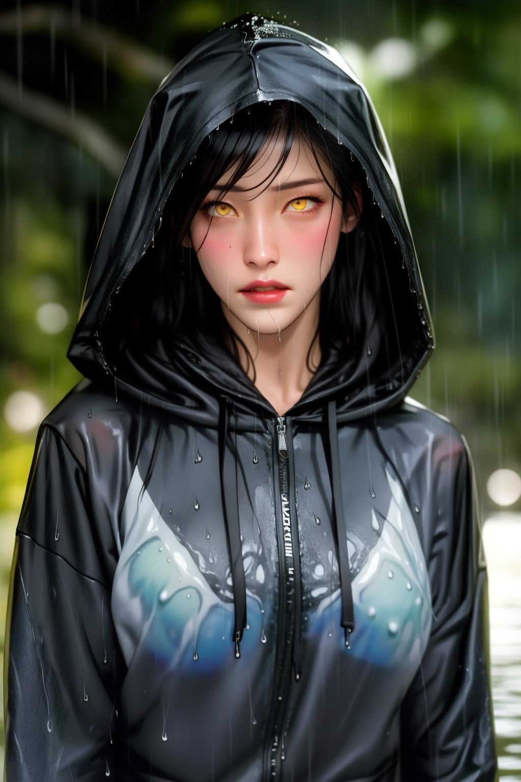 1girl, solo, rain, black_hair, yellow_eyes, hood, long_hair, looking_at_viewer, hood_up, upper_body, lips, wet, wet_hair, closed_mouth